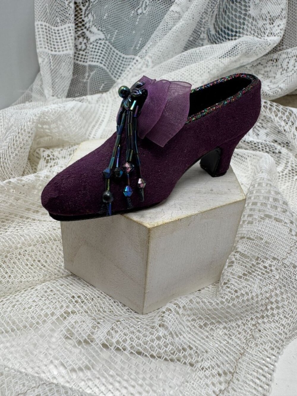 Vintage Purple Velvet Decorative Shoe With Beaded Tassels & Bow  Putting on the